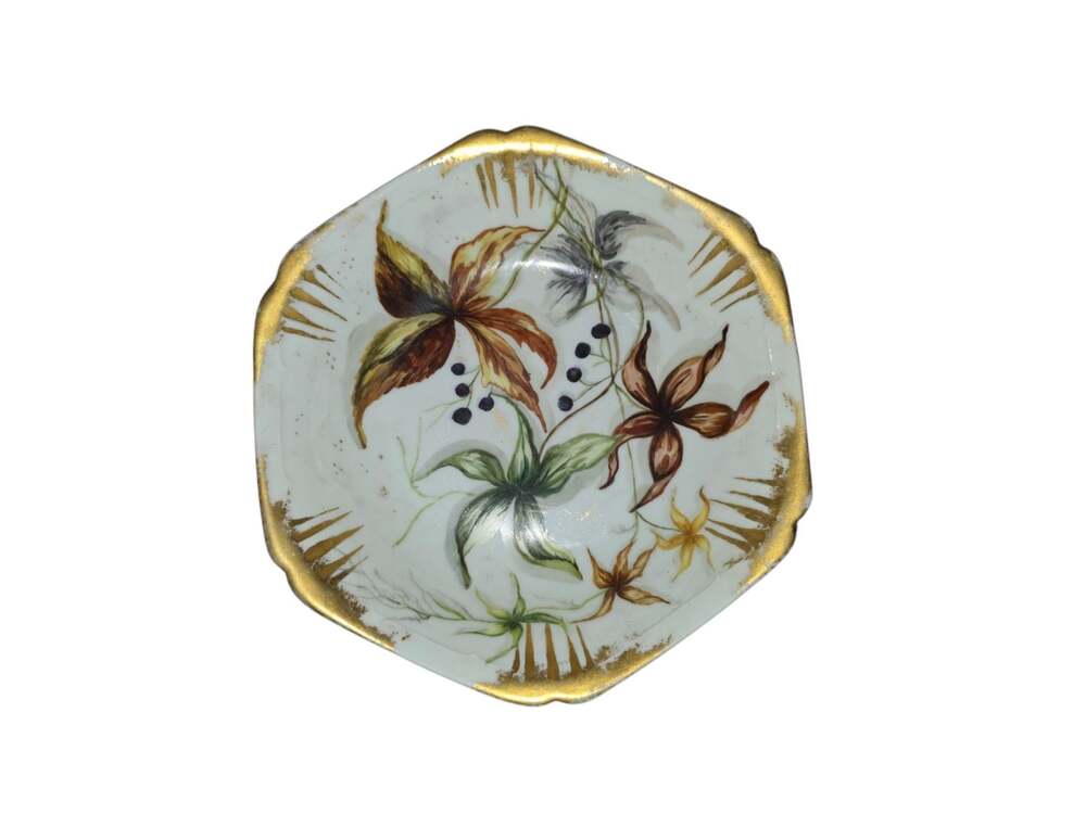 CFH GDM France Hand Painted Floral Gold Trim Porcelain Scalloped Bowl Dish